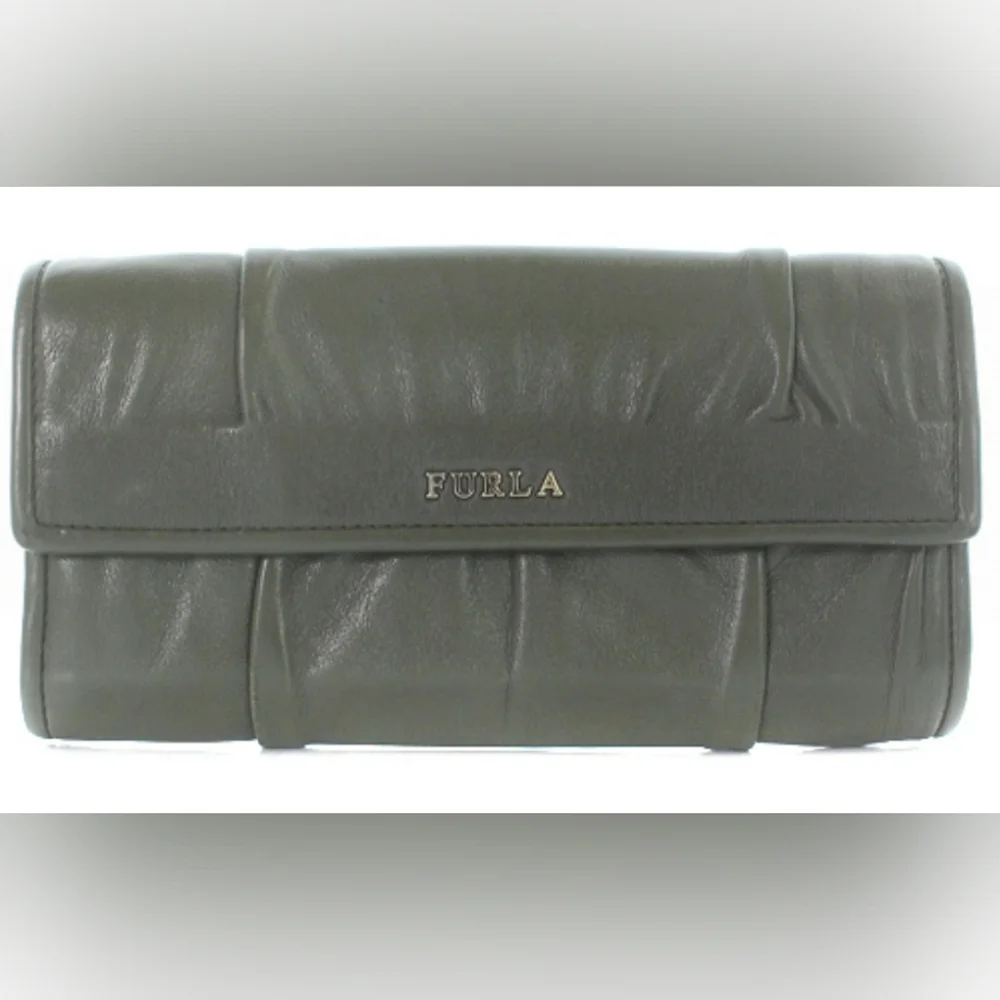 FURLA PLEATED LEATHER CONTINENTAL LONG WALLET IN SLATE GREY